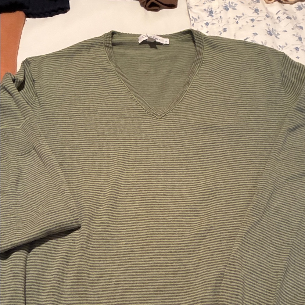 Calvin Klein Men's V-Neck Sweater in Olive Stripes